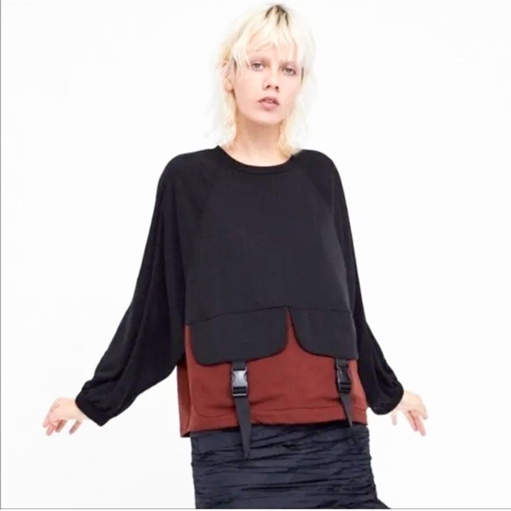 Zara Black Burgundy Colorblock Boxy Buckle Pockets Accent Oversized Top M